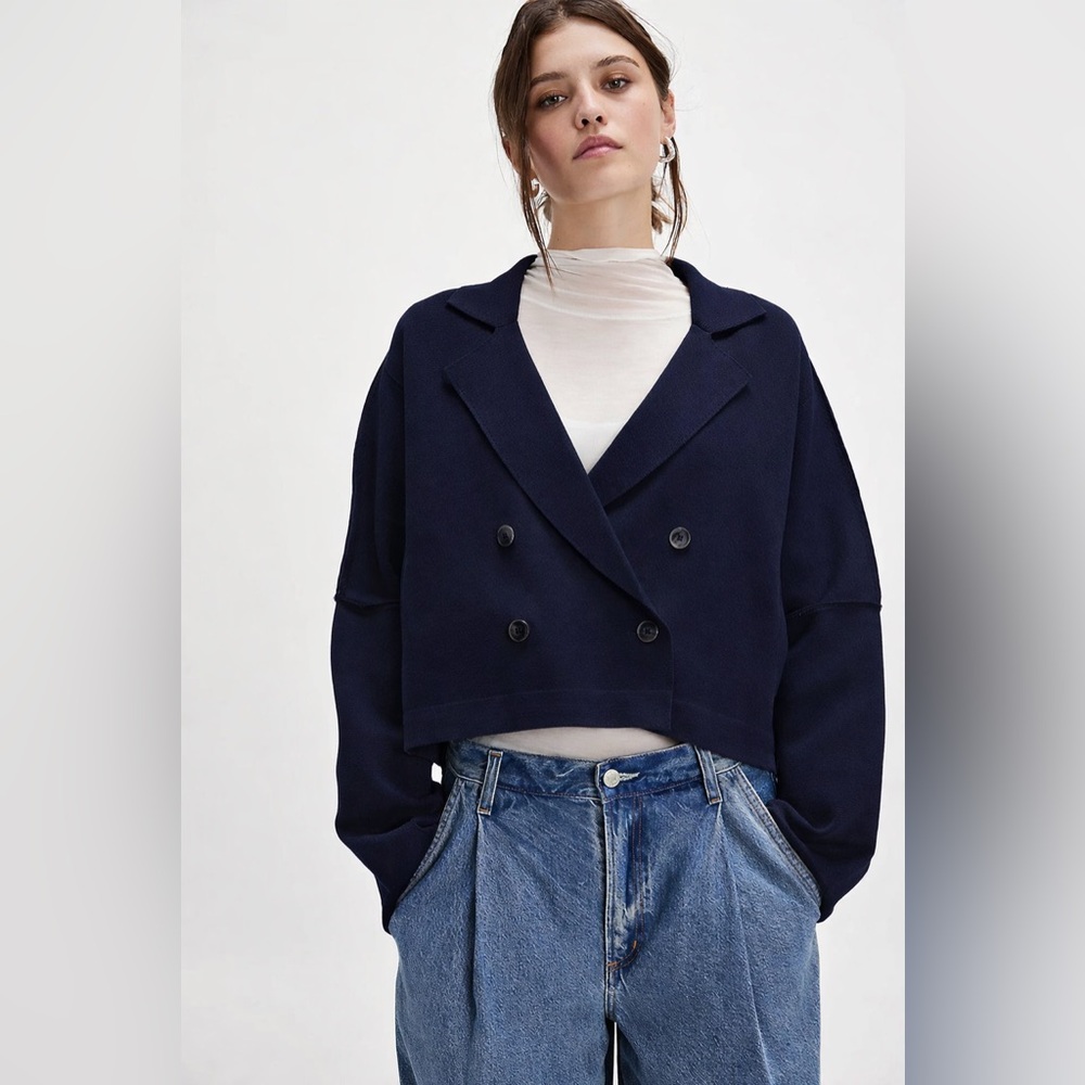 We The Free (Free People) Deep Blue Double-Breasted Cropped Blazer
